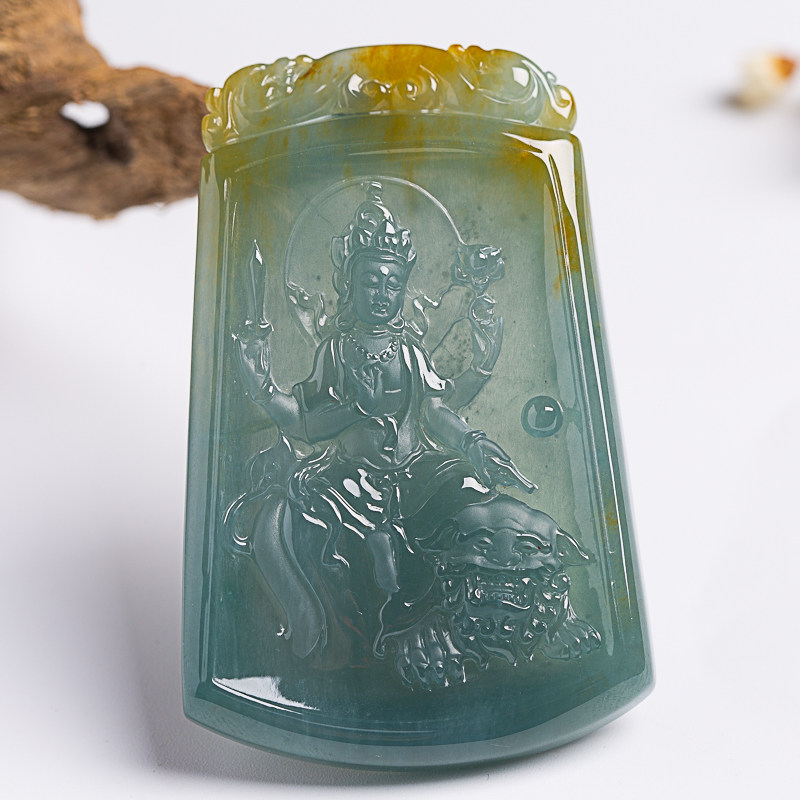 源头好货四会 翡翠倾城《文殊菩萨》蓝水天然翡翠a货吊坠 38.98g