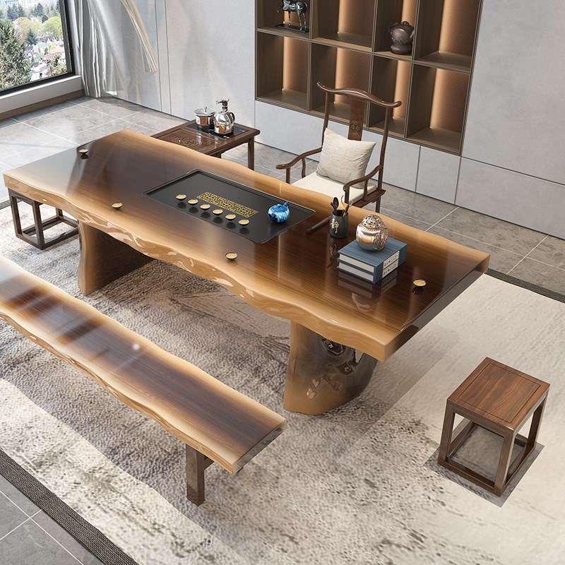 实木大板茶桌椅组合新中式办公室禅意茶台原木一桌五椅功夫泡茶桌