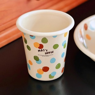 老麦【自制】INS波点搪瓷咖啡杯儿童喝水杯漱口杯酸奶碗早餐盘