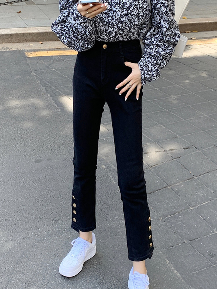 黑色直筒九分牛仔裤女加绒显瘦弹力小个子秋冬大码高腰排扣烟管裤