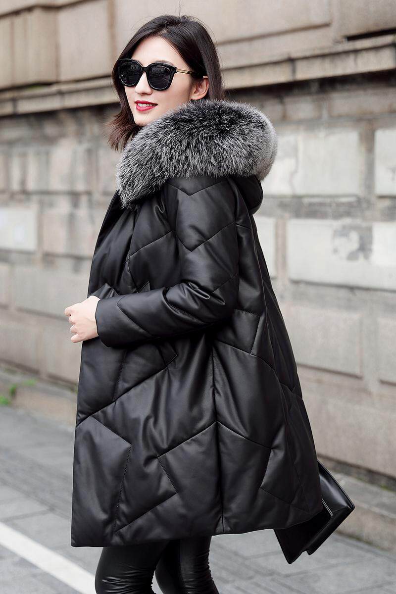 女士皮衣中长款 绵羊皮_2019秋冬新款海宁真皮皮衣女士绵羊皮狐狸毛领