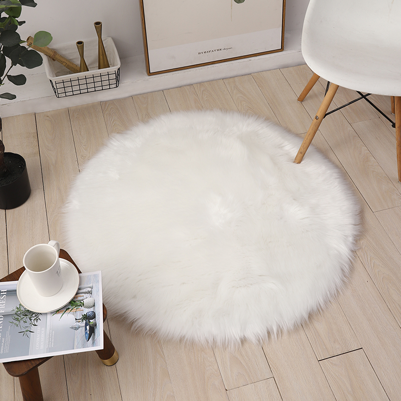白色长毛绒圆形地毯卧室床边客厅北欧化妆梳妆台椅子仿羊毛地垫子