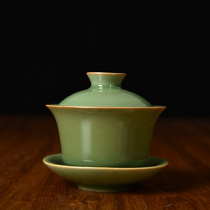 王文龙泉青瓷朱砂胎茶具 手工弟窑梅子青盖碗三才碗茶碗日式盖杯