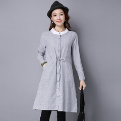 2016秋装韩版新款女装上衣修身显瘦中长款条纹衬衣长袖棉麻衬衫女