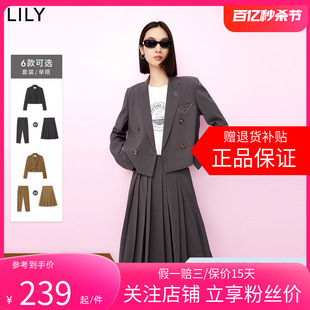 LILY2024秋新款女装美式复古短款小西装外套西装裤百褶裙宽松套装