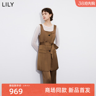 【商场同款】LILY2024春新款女装含亚麻时尚短款背带连衣裙小个子