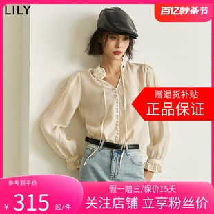 LILY2024春新款女装含亚麻浪漫优雅垂坠感套头衬衫雪纺衫宽松上衣