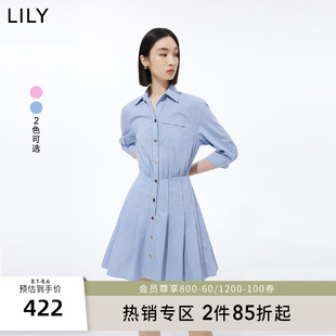 LILY2024夏新款女装复古条纹减龄百褶宽松垂感衬衫连衣裙小个子女