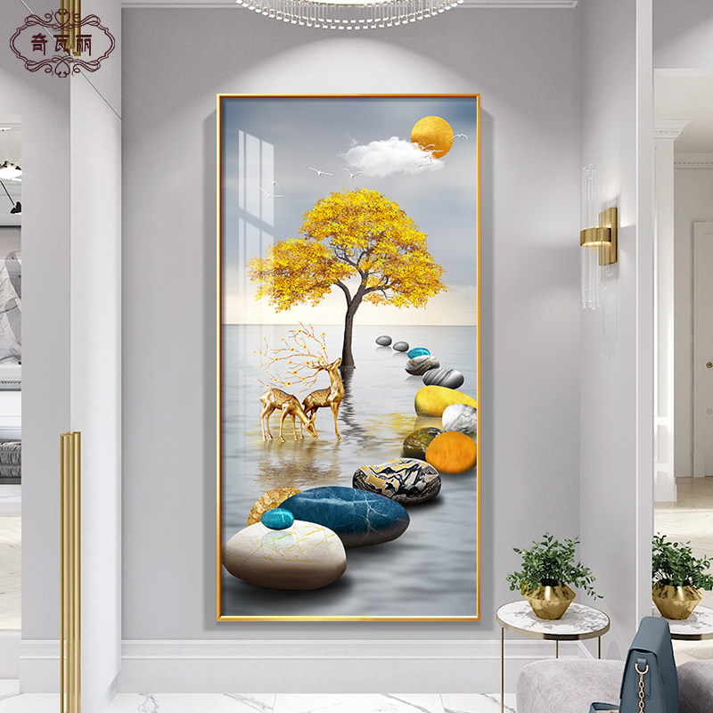 入户玄关装饰画轻奢现代高档竖版画简约壁画走廊过道挂画正对门鹿