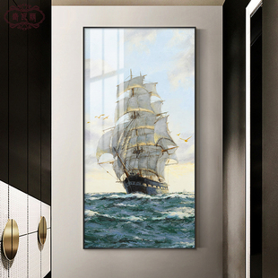 一帆风顺装饰画客厅壁画入户玄关走廊过道竖版帆船大海风景挂画