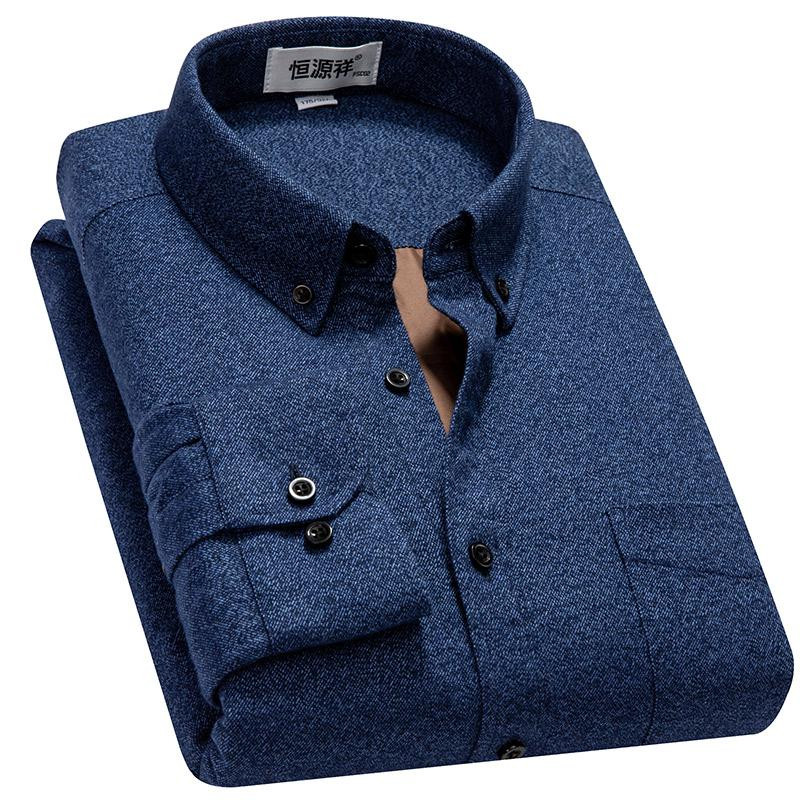 恒源祥全棉羽绒衬衫男2019秋冬新款加绒加厚保暖衬衣纯棉打底上衣