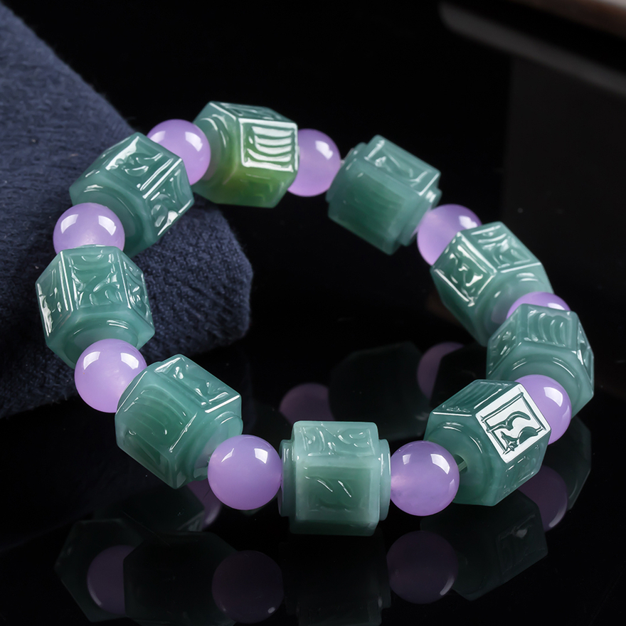 缅甸天然a货翡翠老坑冰糯种蓝水六字真言手链66.01 g(共9颗)