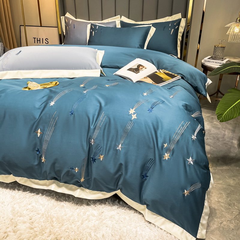 简约轻奢风100纯棉四件套精美刺绣全棉被套18床笠款床上用品4