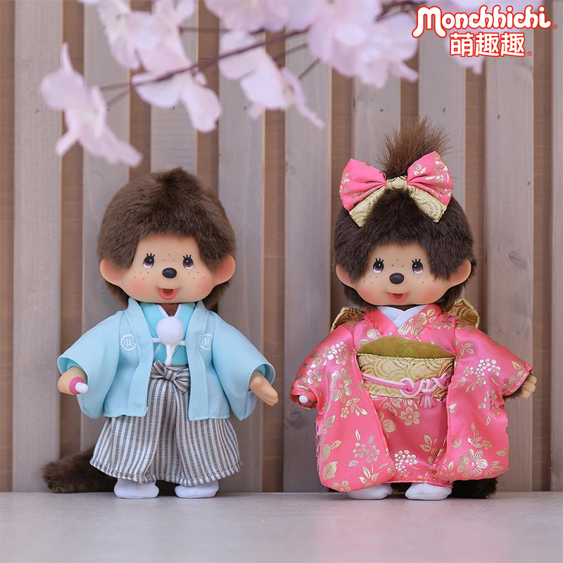 Monchhichi萌趣趣送女孩日式和服樱花夏装蝴蝶结女孩毛绒公仔娃娃