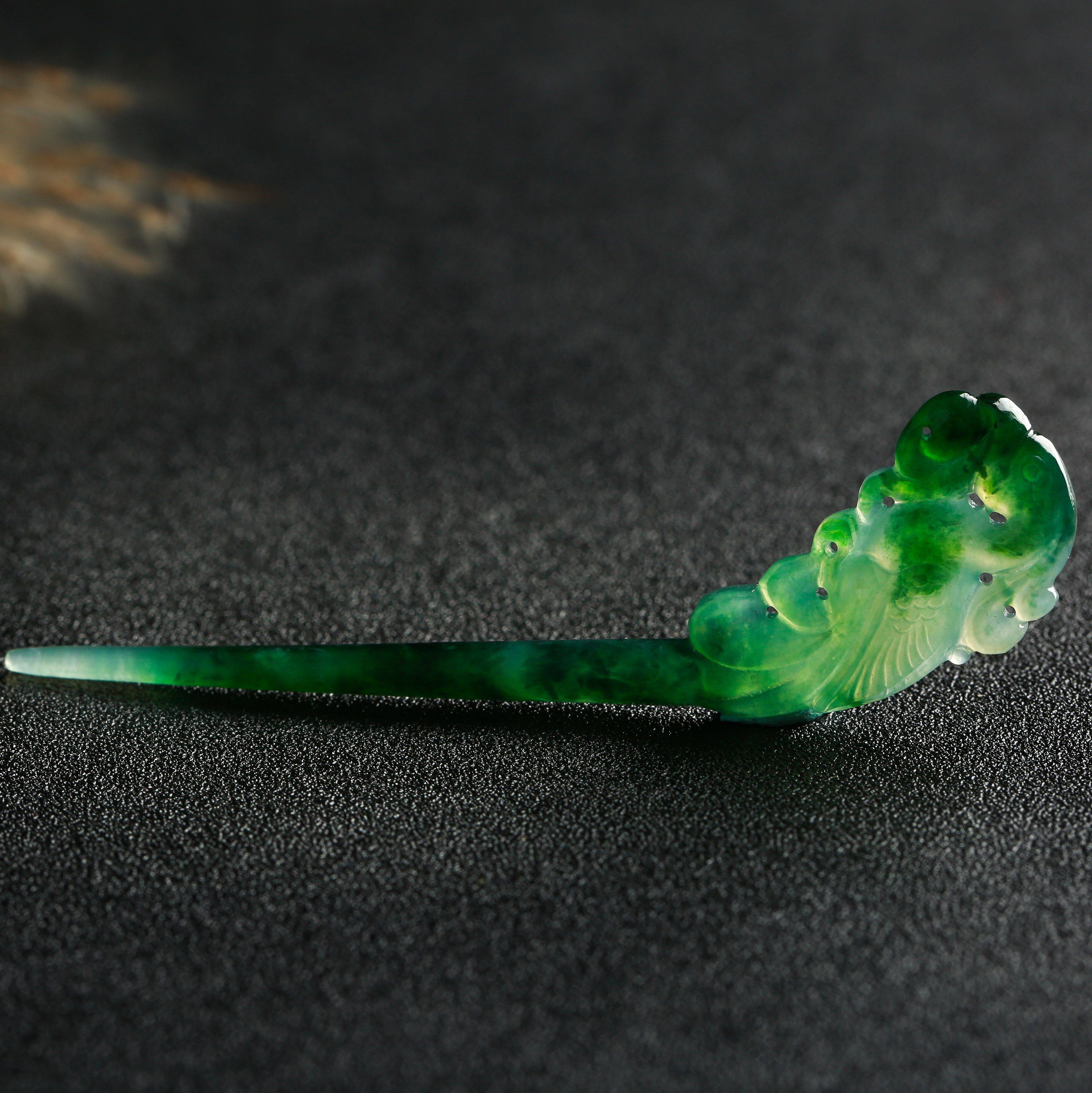 精品~老坑翡翠飘花特色玉凤簪 7.17g