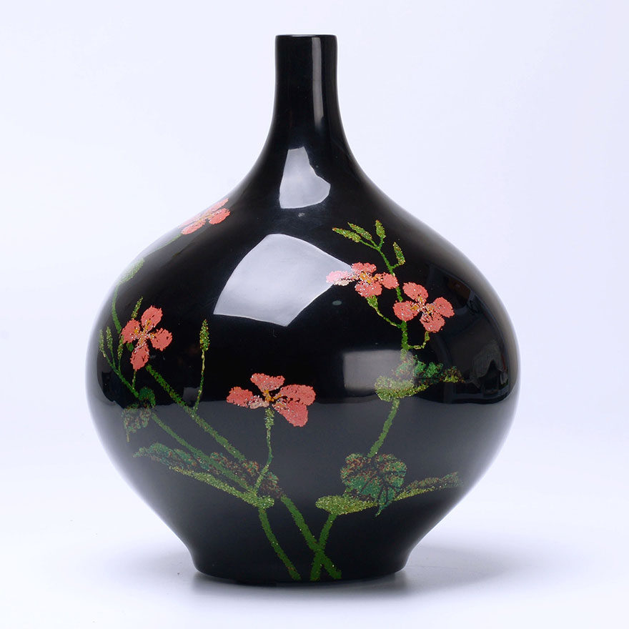 【桃花满庭】脱胎天球瓶 福州脱胎漆器