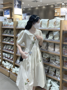 夏季新款日系甜美学院风刺绣娃娃领花边连衣裙女显瘦宽松收腰裙子