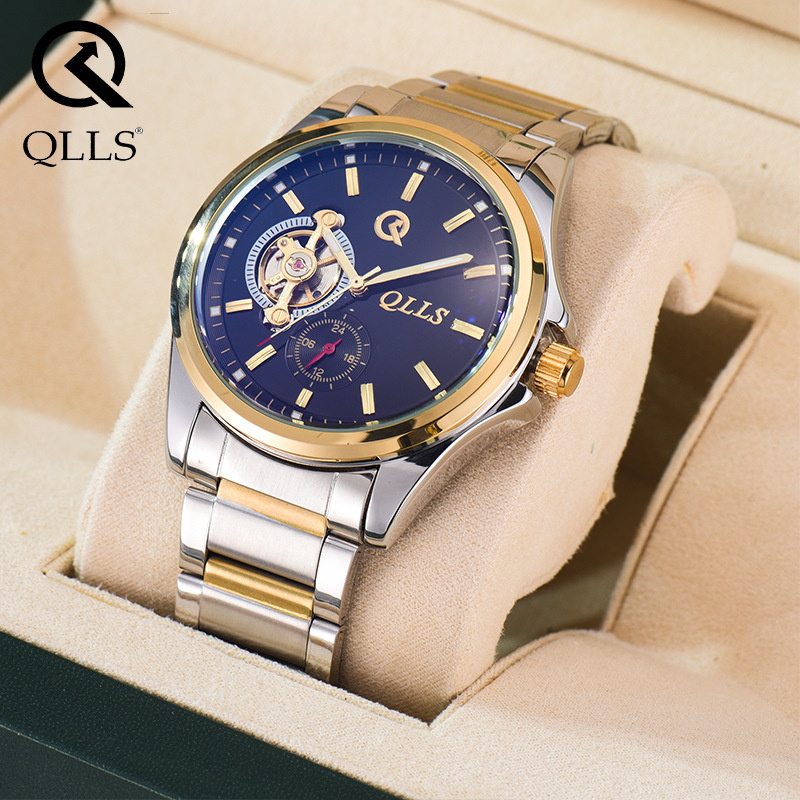 奇洛时qlls男士手表钢带多功能防水金表夜光创意四针定制机械腕表