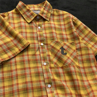 美式复古日系黄格子衬衫男短袖休闲衬衣夏季多巴胺黄色格纹外套