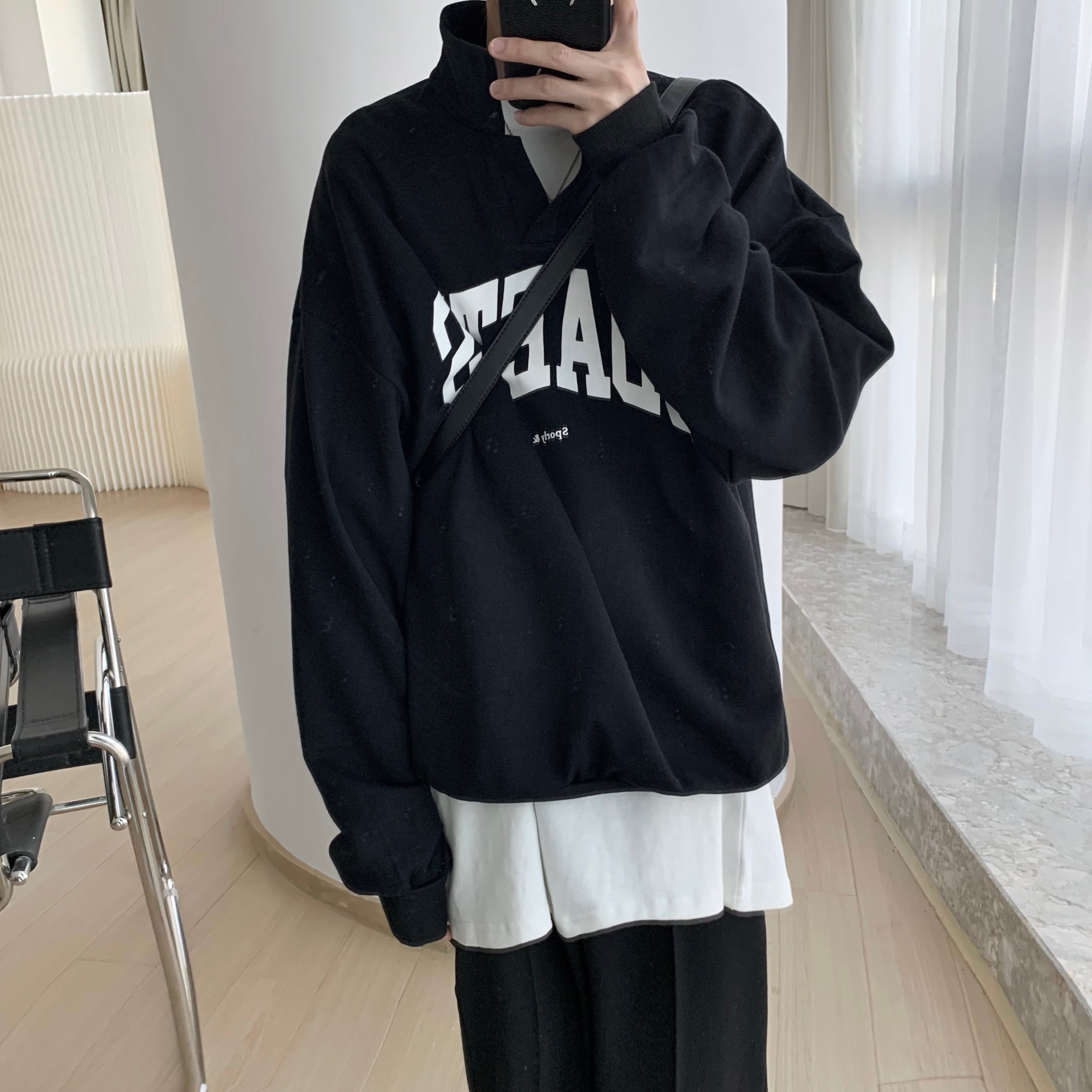 短句先生黑色卫衣男秋冬潮流宽松休闲字母印花立领长袖t恤男情侣