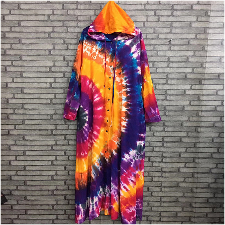 泰国原产泰棉手工扎染连帽连衣裙长裙 修身民族风扎染长款连衣裙