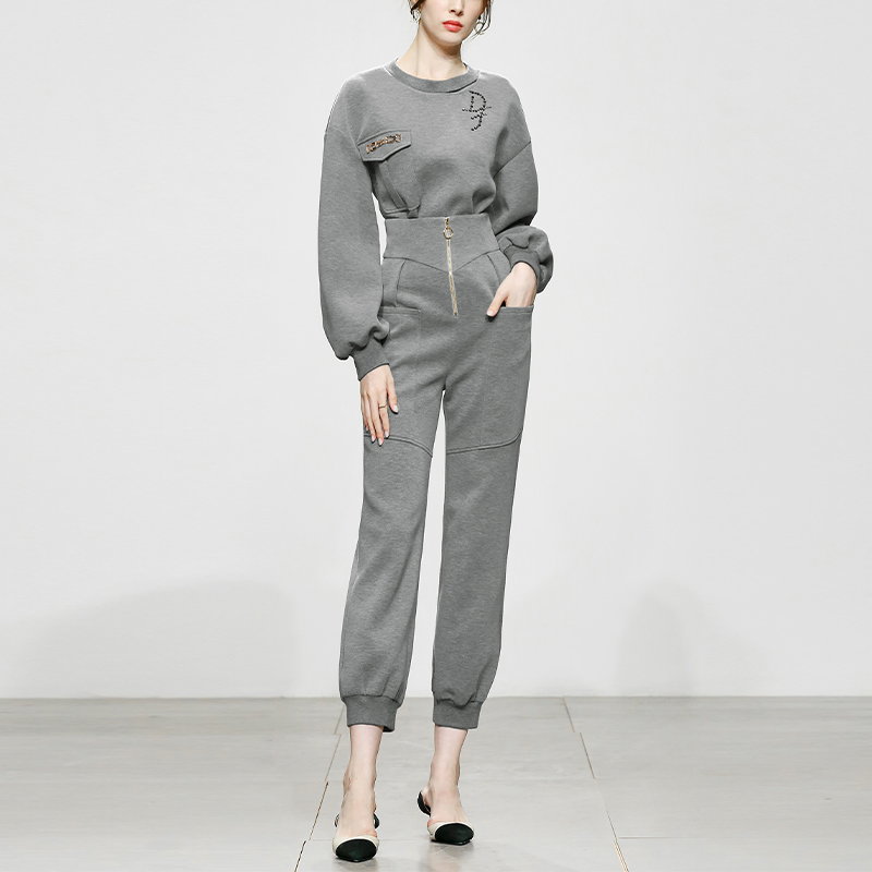 秋冬季2021新款女装时尚气质两件套灰色卫衣上衣束腿裤卫裤套装潮
