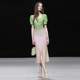 夏季女装2024新款气质法式渐变绿粉色修身收腰显瘦连衣裙长裙