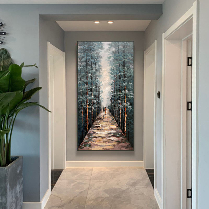 一路同行原创手绘油画入户玄关竖版挂画客厅过道壁画走廊装饰画