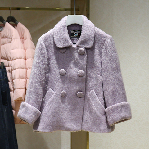 【凡】品牌折扣店商场同款女装2017冬装新款九分袖短款毛呢外套女