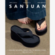 三卷sanjuan方头露趾夏季辣妹松糕厚底坡跟夹趾人字拖女凉拖外穿