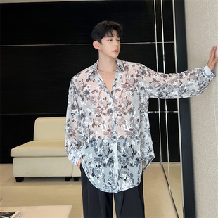 夏季韩版个性翻领设计感衬衫外套男透气镂空高级感休闲时尚花衬衣