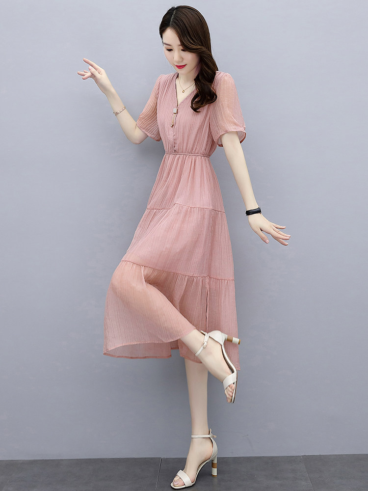 纯色雪纺连衣裙女夏2021年夏装新款
