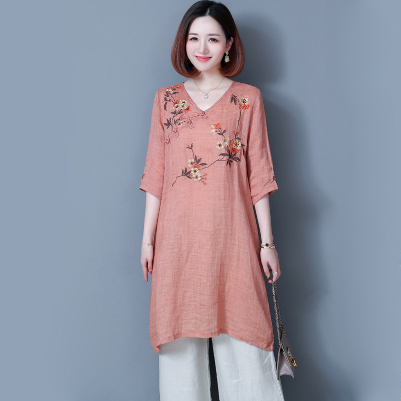 民族风女士套装夏休闲刺绣花盘扣连衣裙中长上衣苎麻亚棉麻阔腿裤