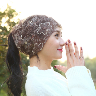 韩版春夏季套头帽头巾女超薄透气蕾丝花朵月子帽光头防风化疗帽子