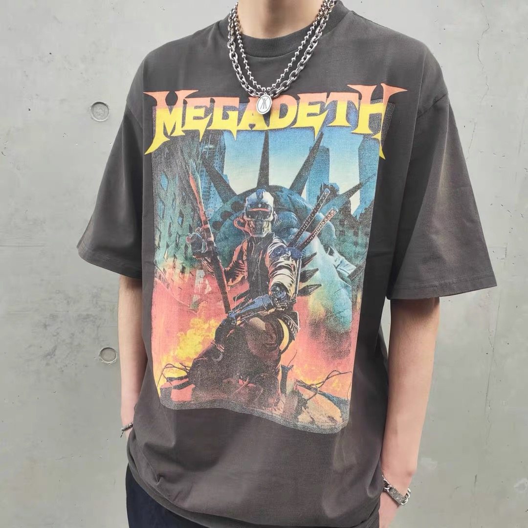psycho21 megadeth vintage band tee印花水洗做旧小领口短袖t恤