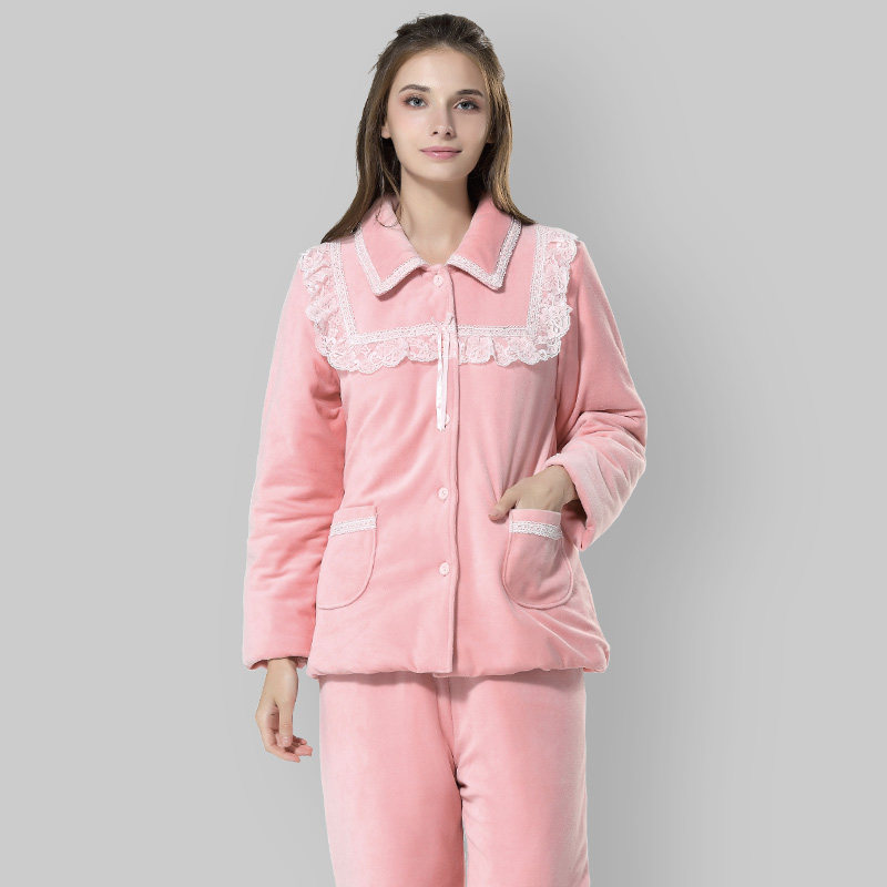 isyfen伊丝芬冬季新品睡衣女纯色天鹅绒保暖夹棉家居服套装38982