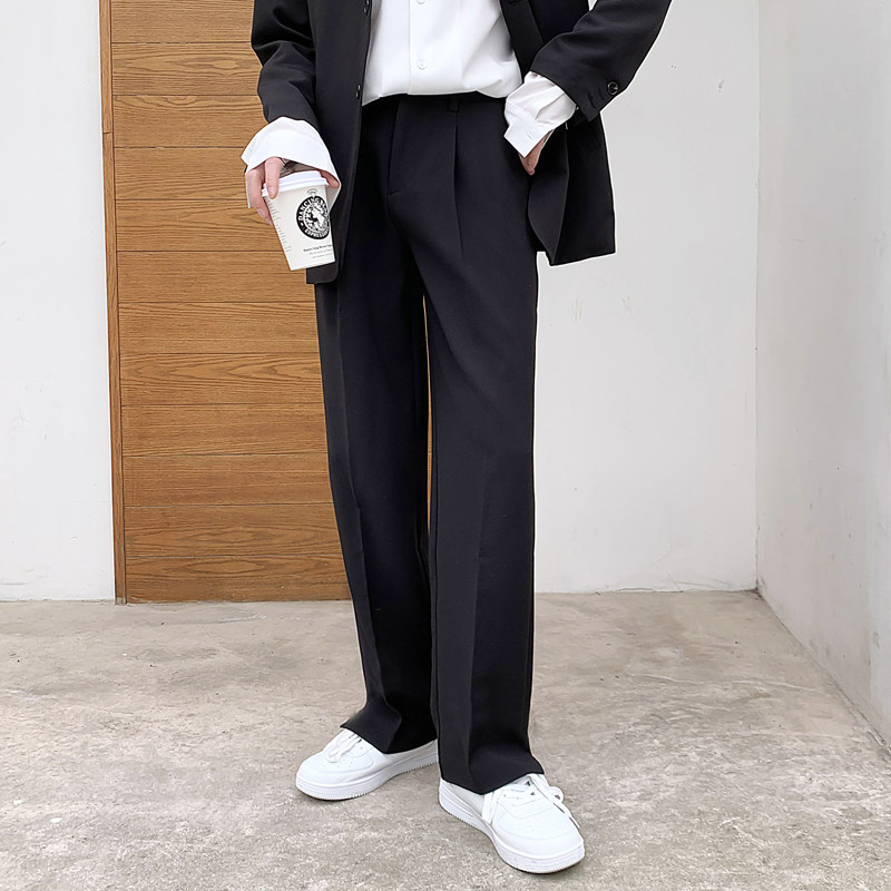 2021春夏季垂坠感休闲西装裤男个性裤脚开叉设计韩版宽松直筒长裤