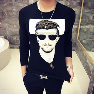 t恤男长袖个性衣服薄款纯棉韩版修身潮2017新款秋装男人头像印花