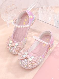 儿童蝴蝶结公主鞋甜美粉色小女孩水钻单鞋闪亮银色女童水晶高跟鞋