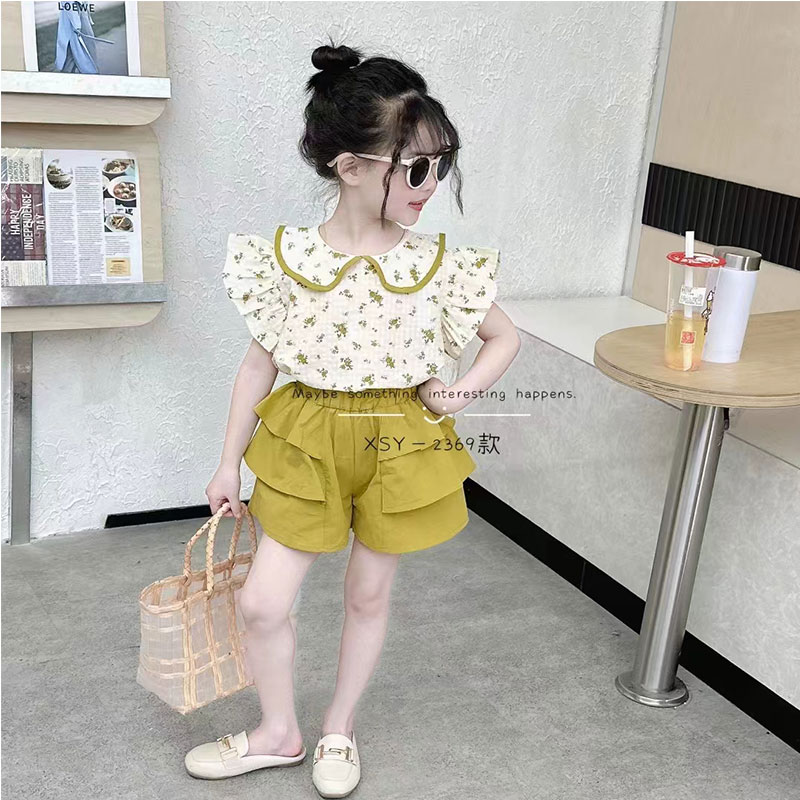 儿童套装韩版洋气夏款女童上衣2024新款女宝宝娃娃衫短裤两件套潮