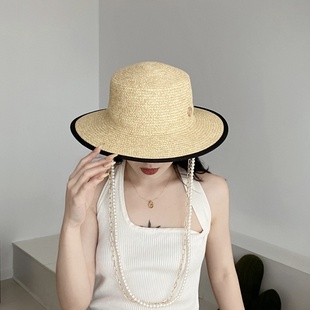 法式珍珠链条包边仿拉菲草帽子女夏季出游遮阳防晒大头围平顶礼帽