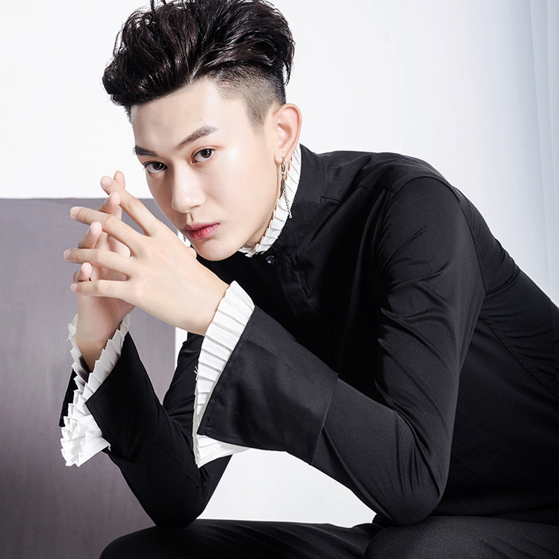 爱穿帮】中性网红衬衣男长袖潮流夜场宫廷立领长袖修身衬衫男帅气