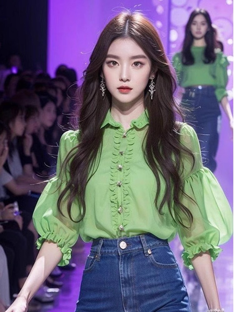 新中式女装2024新款春国风上衣女今年流行漂亮小衫绿色灯笼袖衬衫