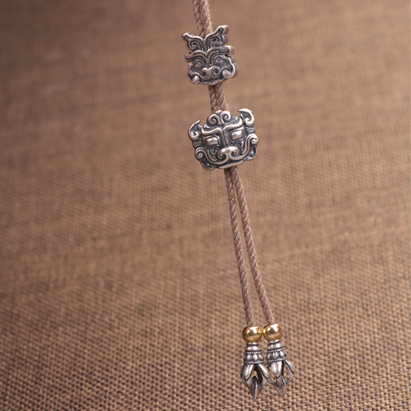 店-精工925银饕餮纹背云配珠 星月百香籽金刚菩提籽108念珠背云配饰