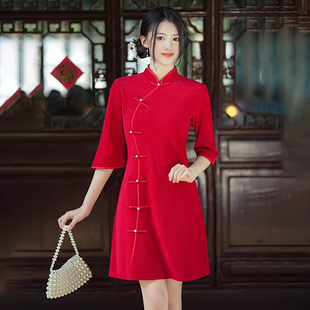 旗袍年轻款气质高端秋季上衣小个子改良日常洋气短旗袍红色七分袖