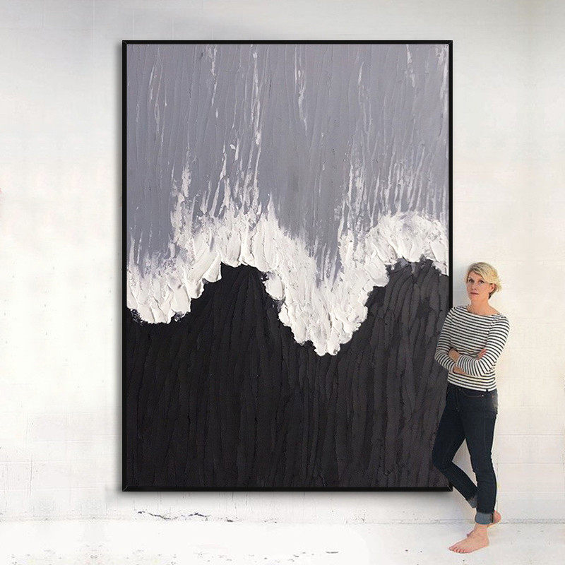 手绘纯油画黑白灰浪花挂画现代抽象客厅背景墙装饰画玄关餐厅壁画