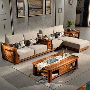 乌金木沙发现代中式实木沙发简约客厅贵妃沙发实木转角沙发乌金木