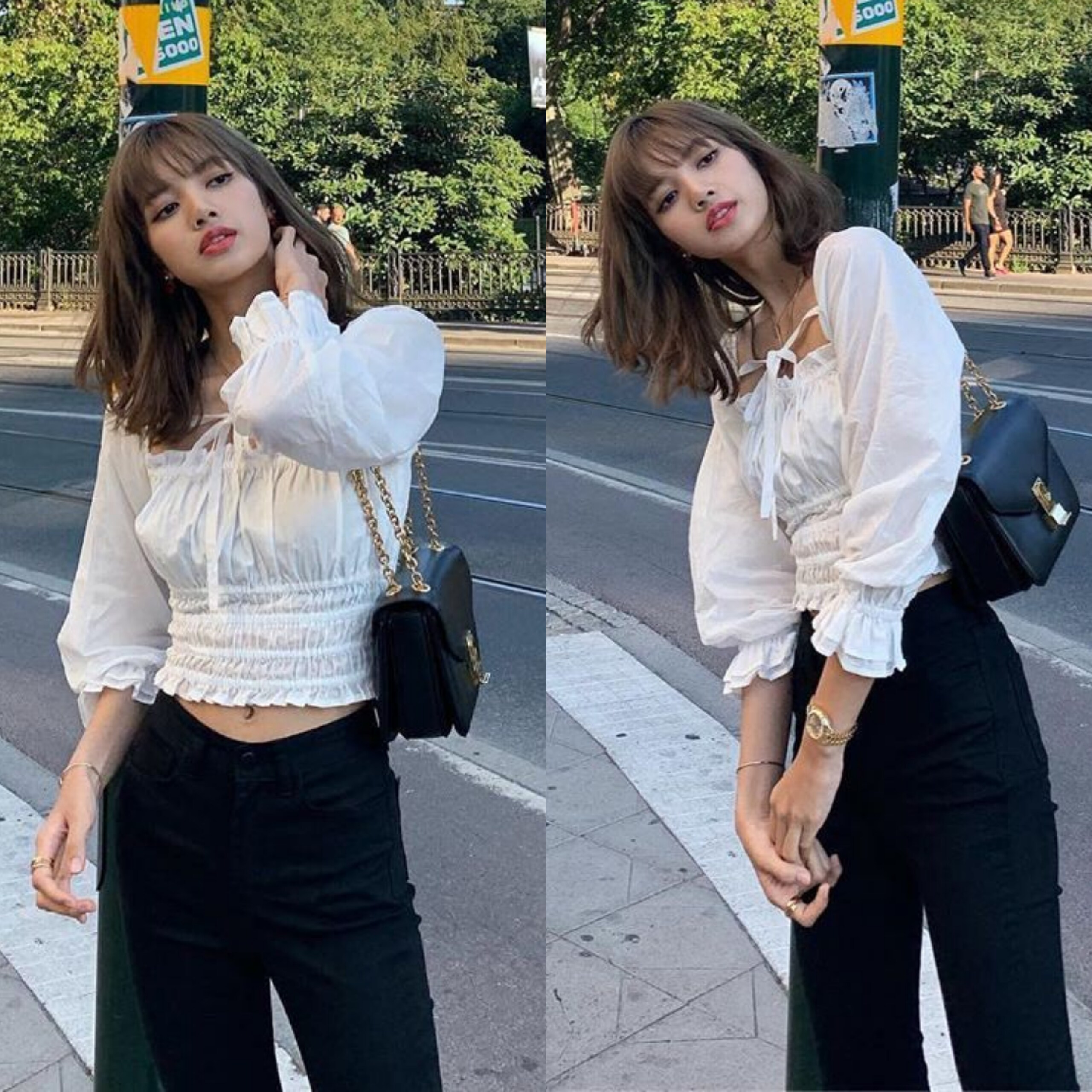 现货lisa同款韩版chic少女休闲泡泡袖系带压轴衬衫上衣女