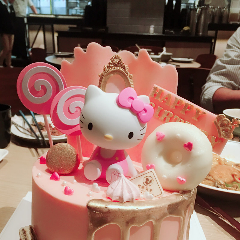 生日蛋糕装扮凯蒂猫创意卡通kt猫摆件 棒棒糖插旗插件烘焙diy公仔