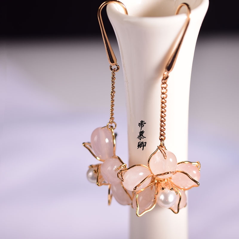 帝慕卿古风耳饰汉服耳环粉玉髓长款耳坠中国风耳饰女花瓣包邮